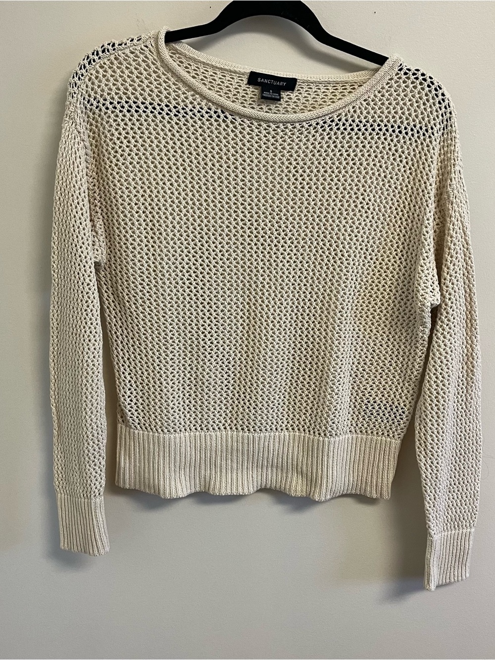 Womens Hippie Indie Sweater Ivory Open Weave Pullover Cotton Long Sleeve Small